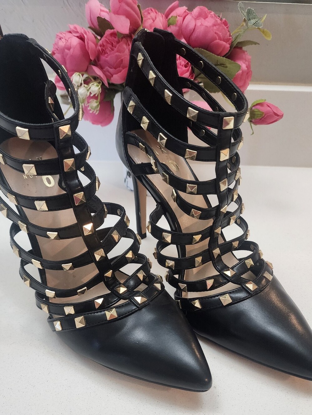 Mix No. 6 Black Studded Cage Pointed-Toe Stiletto Heels